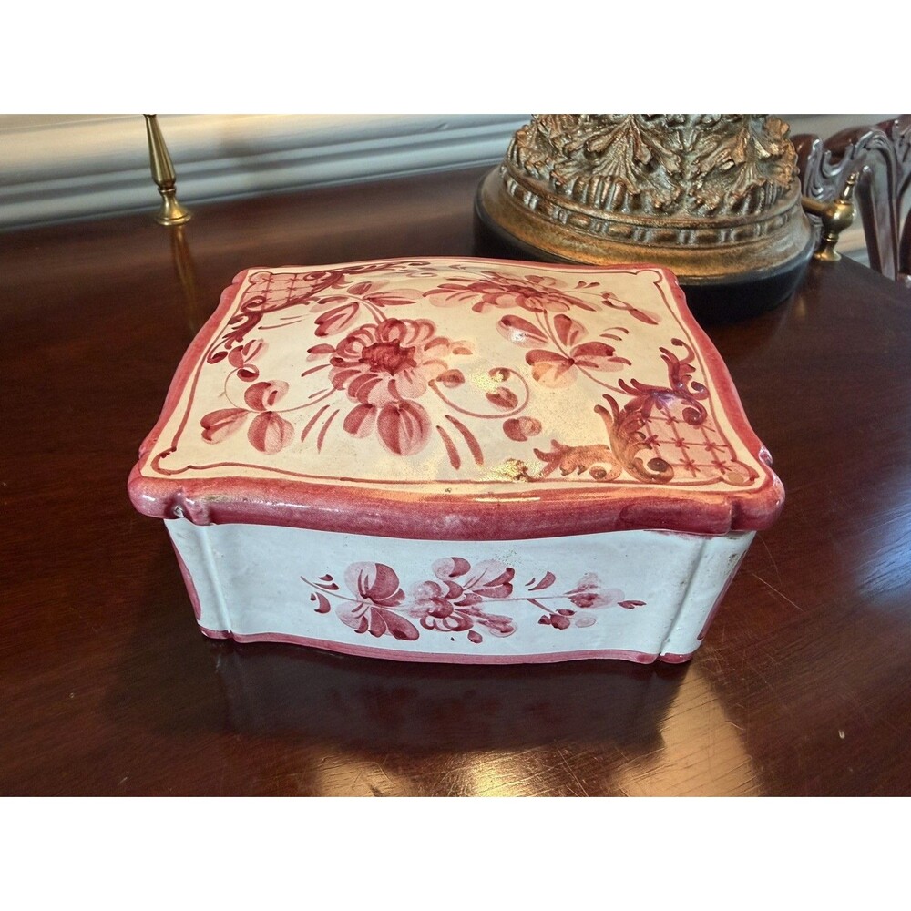 Vintage Italian Majolica Red and White Trinket Box with Lid Signed KI Italy